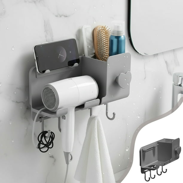 Soporte de pared para secador de pelo de baño sin taladro | Soporte multifuncional con gancho y soporte para teléfono | Estante de almacenamiento compacto para secador de pelo y artículos de tocador