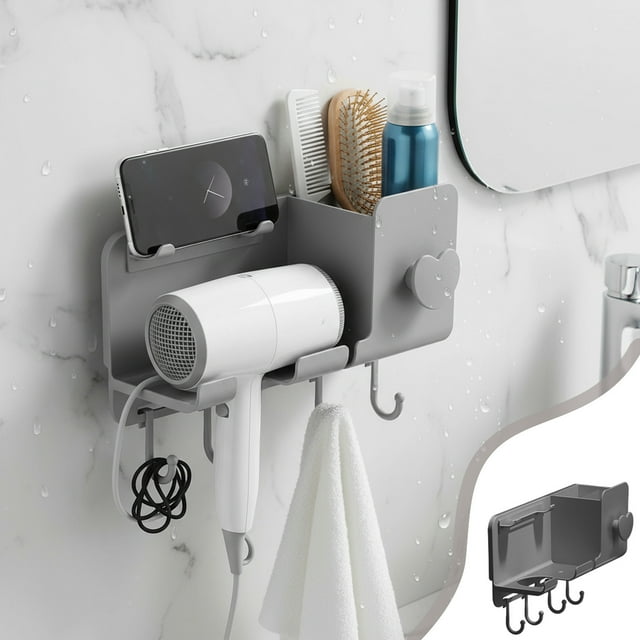 GFHFHITJ Support de Rangement Sans Perçage pour Séchoir à Cheveux de Salle de Bain, Mural, Multifonction, Épaissi, Support Mural pour Séchoir à Cheveux, Gain de Place, Support pour Séchoir à Cheveux avec Crochet et Support pour Téléphone