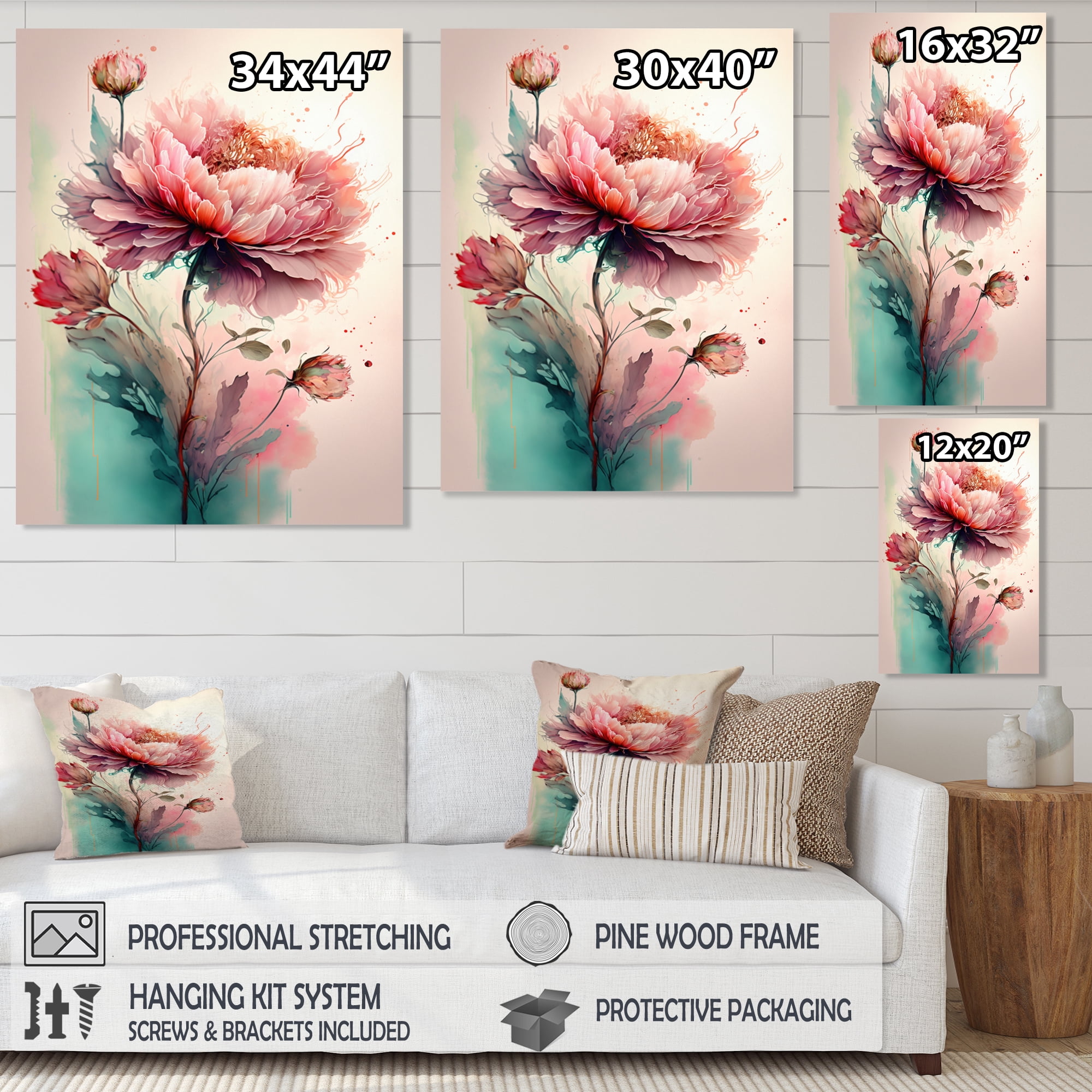 Designart Bright Pink Peony Canvas Wall Art