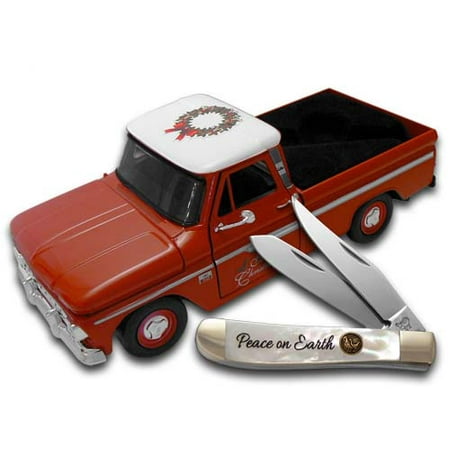 Mother Of Pearl Knife Scales HEN & ROOSTER Christmas Mother Of Pearl Trapper Pocket Knife and 1966 Chevy 10 Truck Set ()