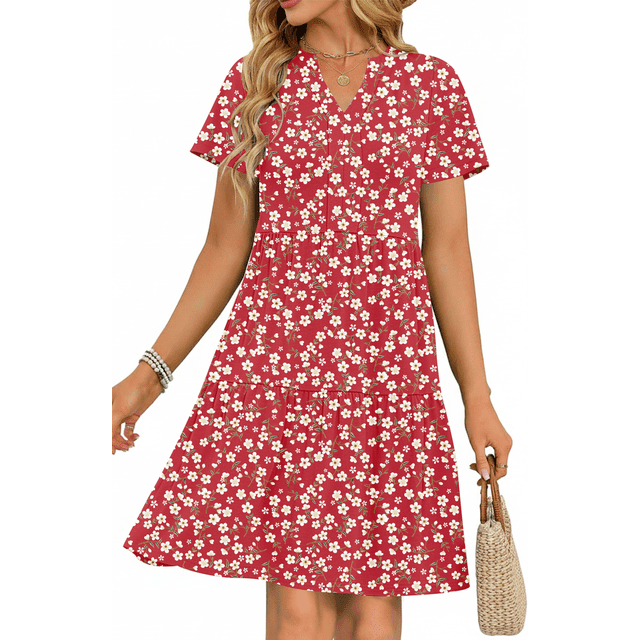 UVN Vestidos de Verano para Mujer Manga Corta Cuello en V Vestido Midi Damas Casual Playa Línea a Vestido Veraniego con Bolsillos