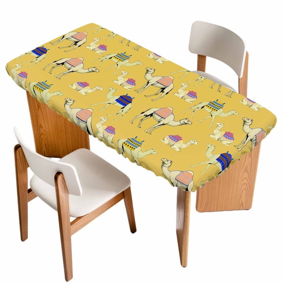 Yellow Camels Table Cloths for 6 Foot Rectangle Tables, Modern Watercolor Cute Funny Animals Patio Waterproof Elastic Fitted Tablecloths, Washable Rectangular Table Cover for Camping