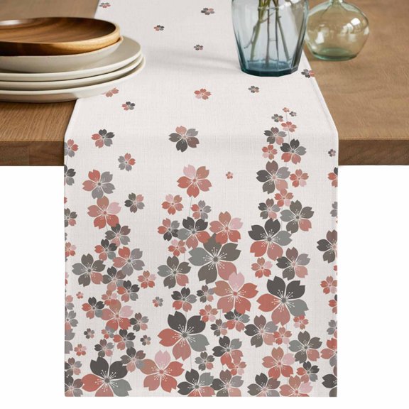 Spring Floral Table Runner 36 Inches, Red Gray Cherry Flowers Blossom Beige Bed Runner Dresser Scarves Tabletop for Indoor Outdoor Parties/Ceremony/Banquet, 13"x 36"