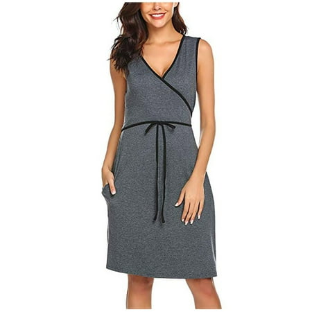 

Kukoosong Maternity Breastfeeding Dresses for Women Woman V-Neck Solid Sleeveless Pregnant Maternity Nursing Dress Maternity Dress for Photography Gray XL