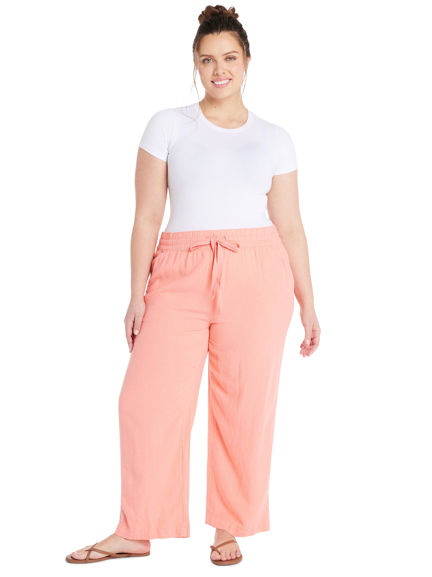 Terra & Sky Women’s Plus Size Linen Blend Wide Leg Pants, 28” Inseam, Sizes 0X-5X