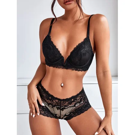 

Sexy Lace Lingerie Set Underwire Push Up Bra & Semi-Sheer Panties Set Women‘s Lingerie & Underwear