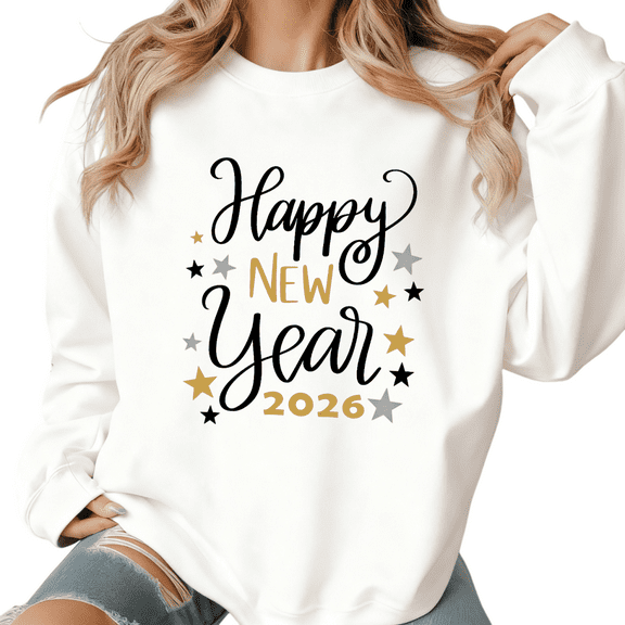 2026 New Year Print Sweatshirt Graphic Sweatshirt White S-3XL Celebration Tops Round-neck pure cotton sweatshirt