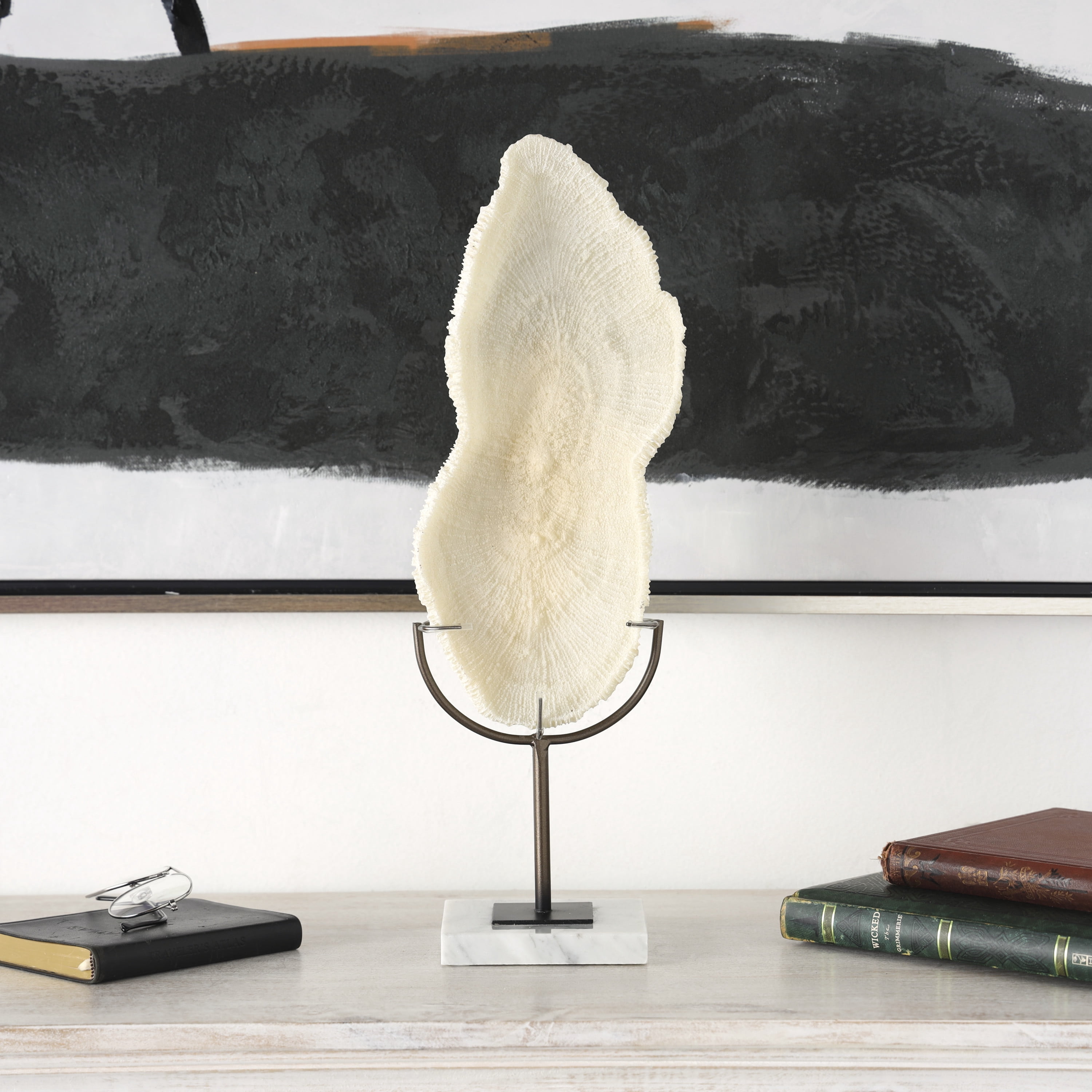 7" x 19" Cream Polystone Abstract Textured Coral Sculpture with Gray Stand and Acrylic Base, by DecMode