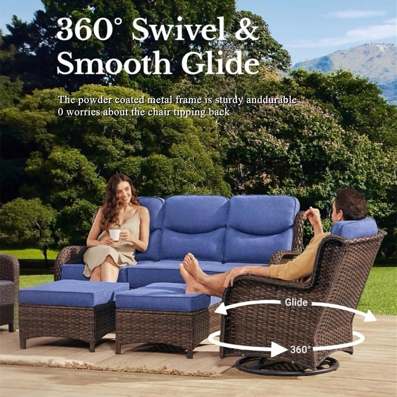 Bellefurn 6 Pieces Luxury Outdoor Patio Furniture Sets Outdoor Conversation Sets with Swivel Rocker Patio Chairs with 6" Thick Cushion,Sofa and Glass Coffee Table for Porch Deck Backyard Poolside