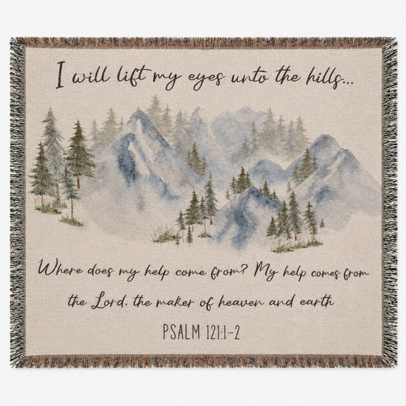 Mountain Psalm 121 Scripture Blue and Green Rustic Woven Throw Blanket, 100% Cotton with Fringed Edges, Home Decor