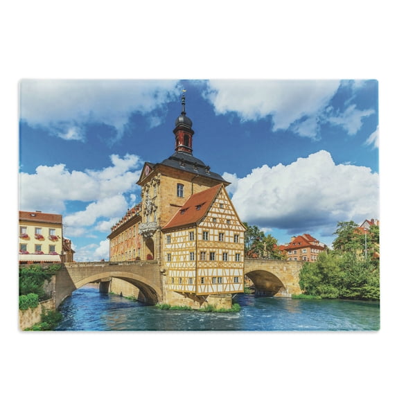 Travel Cutting Board, City Hall Building in the Bamberg Germany European Historical Townscape Sunny Day, Decorative Tempered Glass Cutting and Serving Board, Large Size, Multicolor, by Ambesonne