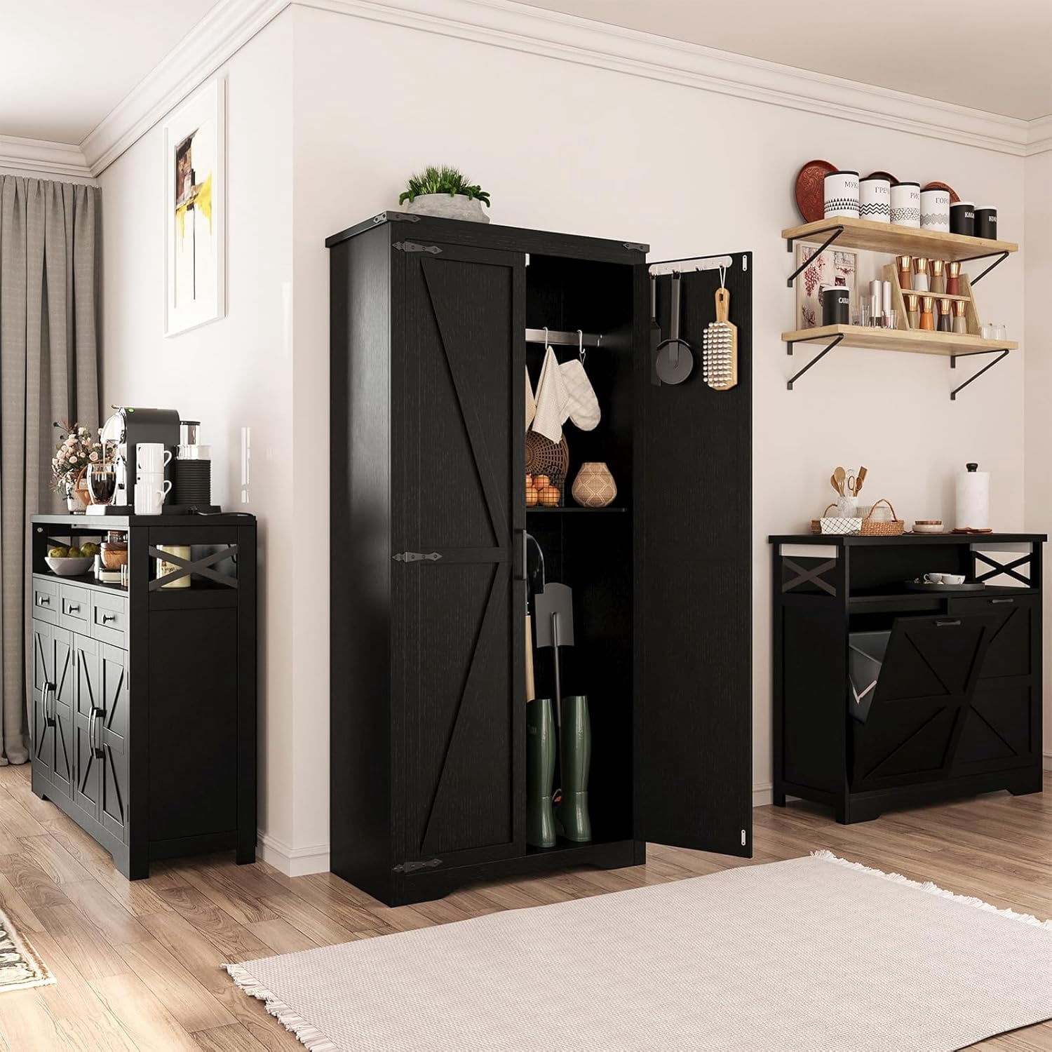 72"H Farmhouse Storage Cabinet with Adjustable Shelves, Large Pantry Organize with 2 Barn Doors, Tall Freestanding Cabinet for Kitchen, Bathroom/Garage/Basement/Living/Utility Room