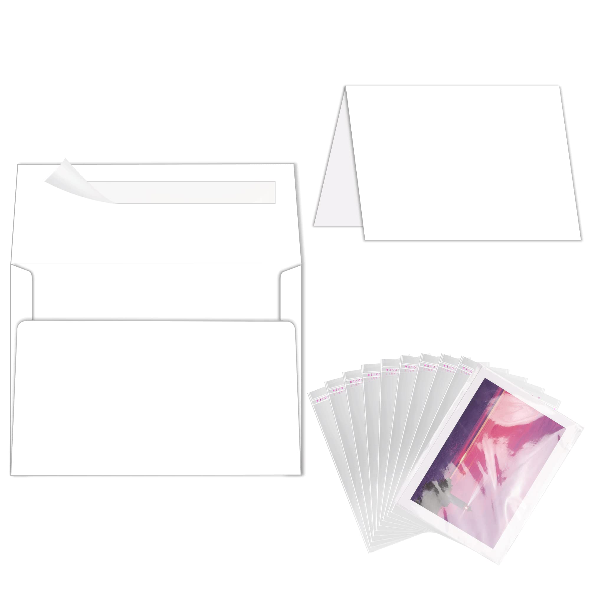 Blank White Cards and Envelopes with Clear Cello Bags, 100 Pack 5 x 7