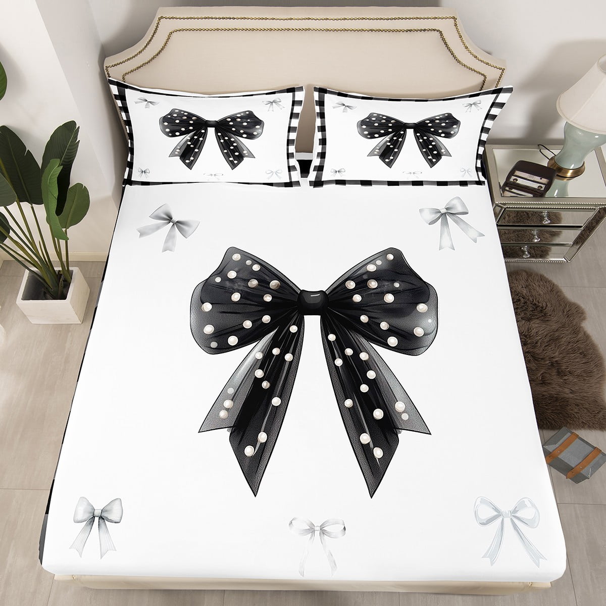 Homewish Ribbon Bow Bowtie Queen Sheet Sets,Geometric Plaid Grid Flat Sheet,White Black Queen Fitted Sheet For Child,Ultra Soft Home Decor,4pcs