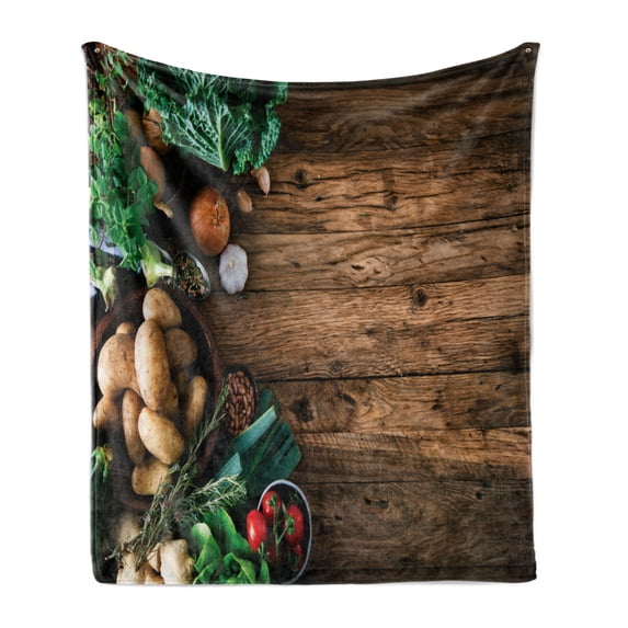 Harvest Soft Flannel Fleece Blanket, Vegetables on Wooden Table Healthy Options Organic Food Herbs and Spices Seasonal, Cozy Plush for Indoor and Outdoor Use, 50" x 70", Brown Green, by Ambesonne