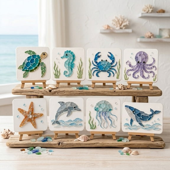 Voglyf DIY Sea Glass Mosaic Art Kit, Sea Glass Art Kit, Create Beautiful Ocean-Inspired Artwork with Colorful Glass Pieces, Coastal Home Decor & Creative Handmade Gift,Crab