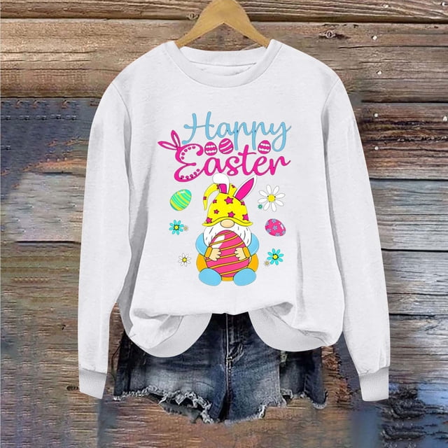 Jsaierl Chandails de Pâques pour Femmes Tendance Imprimé Graphique Lapin Pulls Décontractés Manches Longues Col Rond