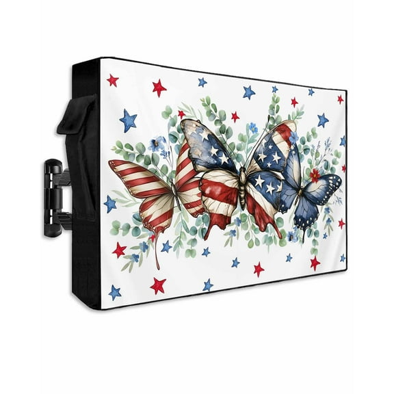 Navy Blue Butterfly 4th of July Outdoor TV Cover 60 to 65 Inch Weatherproof, Independence Day Star 600D Oxford TV Covers with Waterproof Zipper, Outside Flat TV Screen Protector Size 58"Wx37"Hx4.5"D