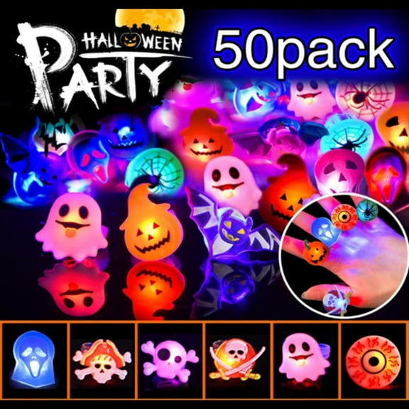 50Pcs Halloween  Light Up Rings Party Favors Light Up Toys luminous Flash Finger LED Ring Blinking Jelly Rubber Ring for Kids Adults Christmas Gifts Plastic Spooky