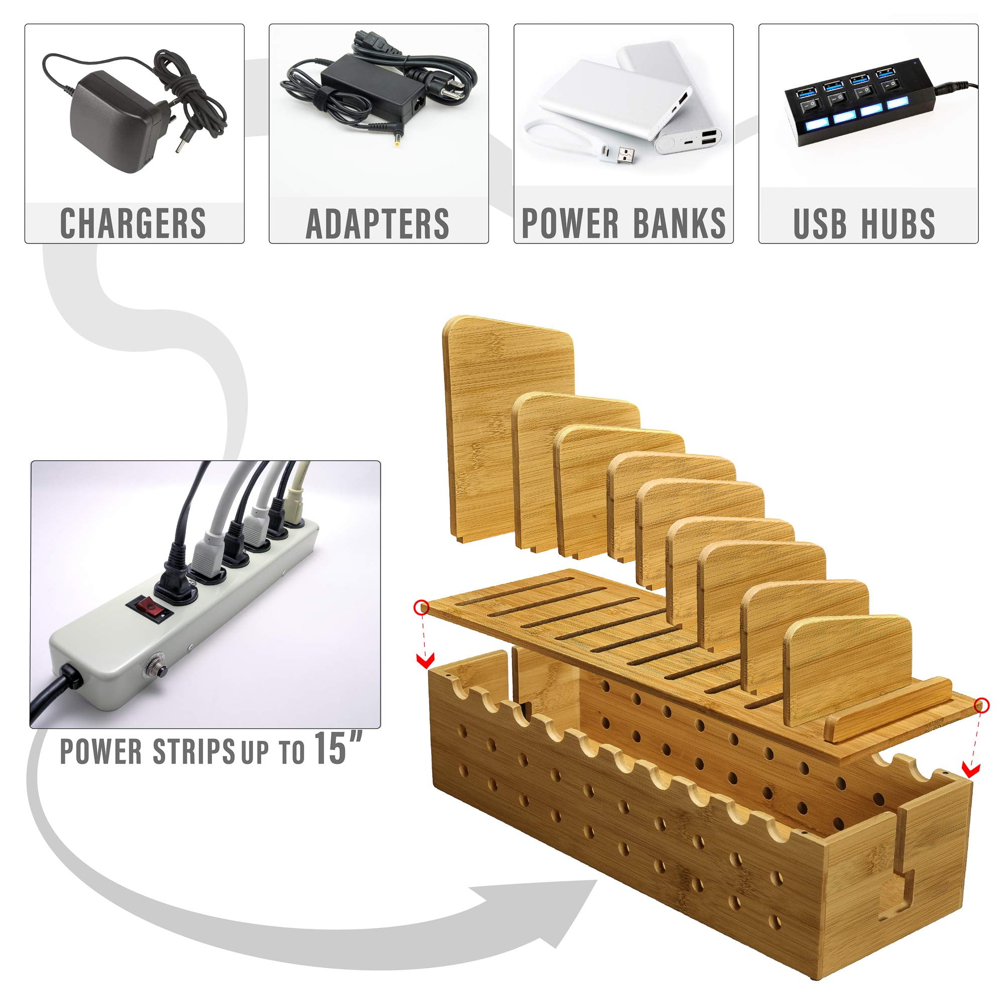 Prosumer's Choice Multiple Charging Station Rack with Cable Box Organizer - Bamboo Desk Organizer for 10 Devices and Cord Management - Compatible with Smartphones and Tablets