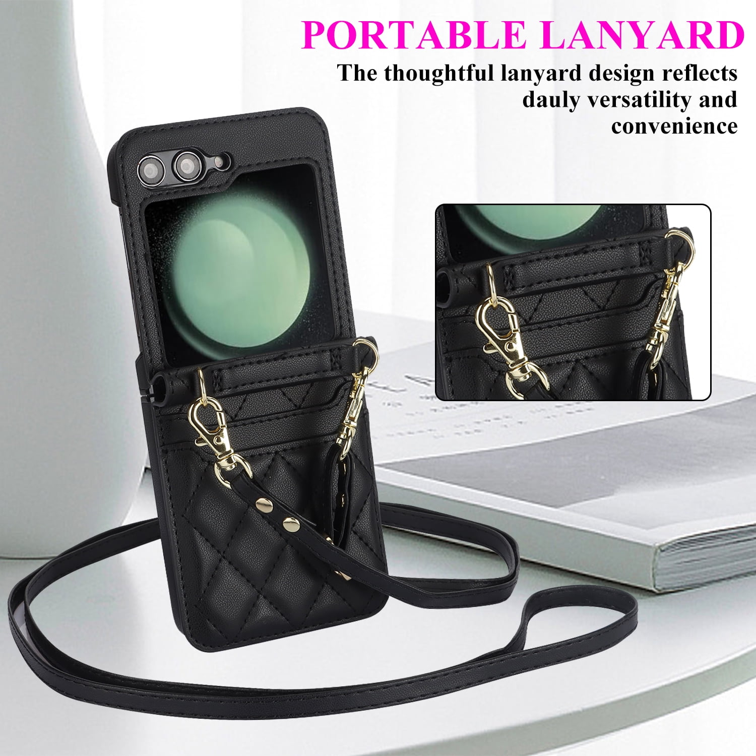 for Samsung Galaxy Z Flip 7 Crossbody Wallet Case with Built-in Card Slots Premium PU Leather Wristlet Strap and Lanyard, Carrying Handbag Phone Case for Samsung Galaxy Z Flip 7 Women Girls, Black