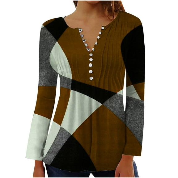IROINNID Reduced Tunic Tops for Women Womens Oversized Shirt Daily Summer Sexy Fold Printed Regular Long Sleeves Round Neck Button Top,Brown