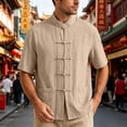 thumbnail image 2 of UVEASISHA Cotton Linen Button Down Shirts for Men Traditional Kung Fu Uniform Short Sleeve Shirt Stand Collar Casual Chinese Frog Buttons Shirts Khaki XL, 2 of 10