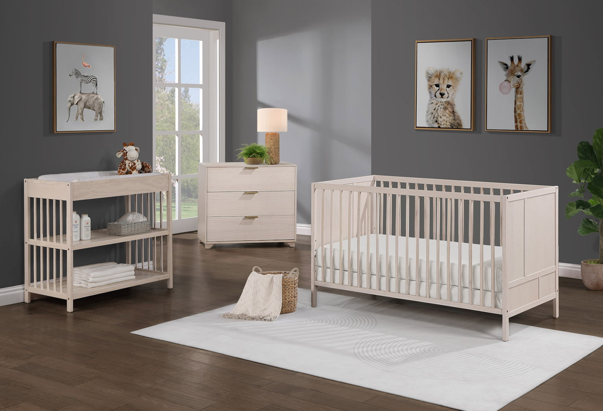 Suite Bebe Pixie Zen 3-in-1 Convertible Baby Wooden Crib With Round Spindles, in Washed Natural