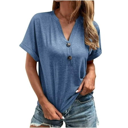 Womens Tops  Casual Cotton Short Sleeved V Neck Button Solid T-Shirt Basic Top Women S Long Sleeve Flowy Summer Tops Trendy For Women 2025 3/4 Tops Built Bra Tank Tops (L  Blue) ZMTing