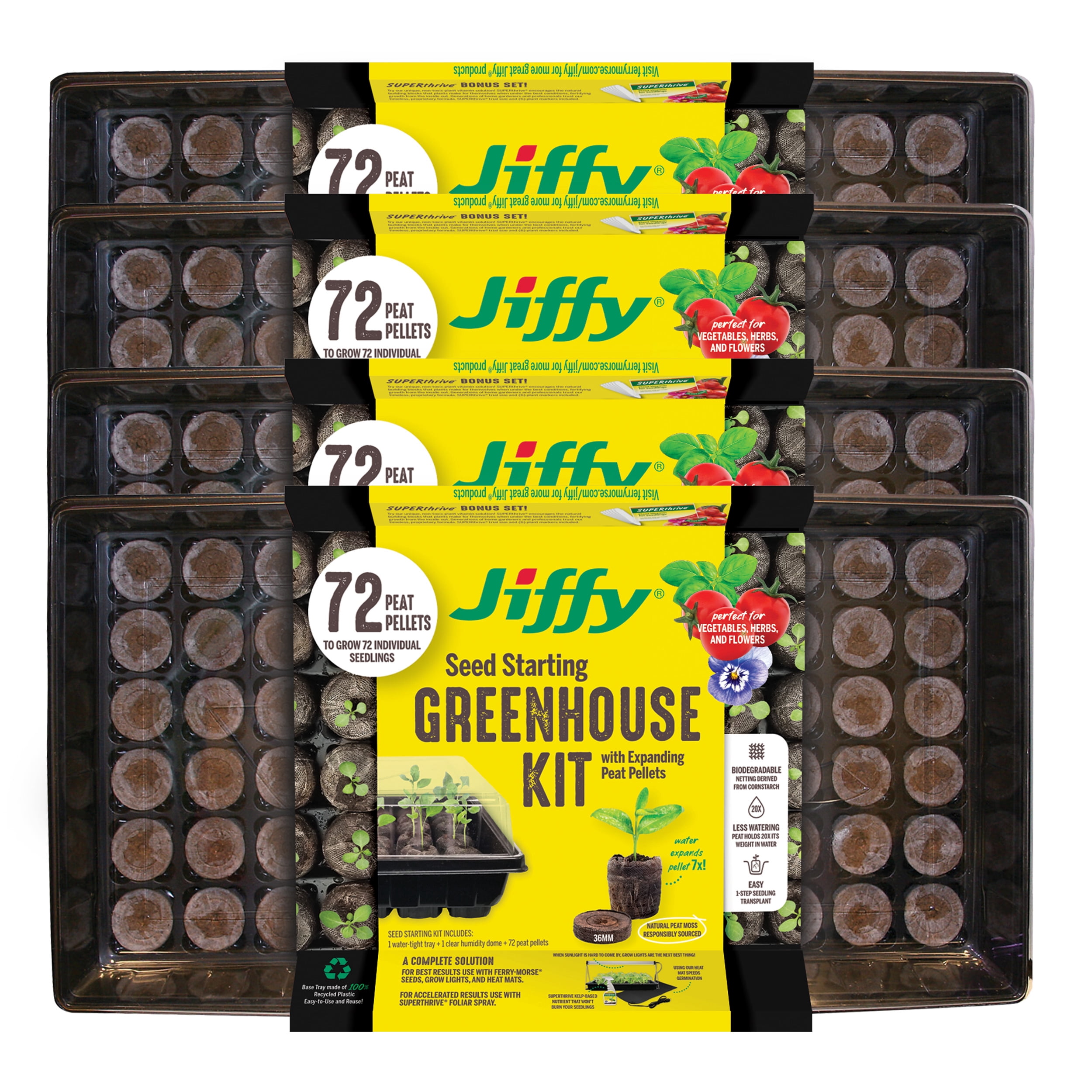 Jiffy 36mm Peat Pellet Greenhouse with Bonus SUPERthrive Sample & Plant Markers (4 Pack)