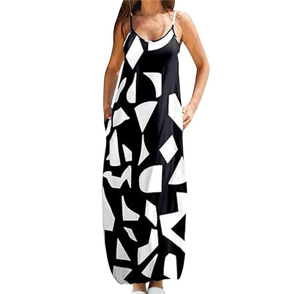 ZZwxWA Dresses for Women 2025 Beach Fashion Loose Pocket Spaghetti Strap Boho Long Dresses Sleeveless V-Neck Graphics Print Summer Maxi Formal Dress