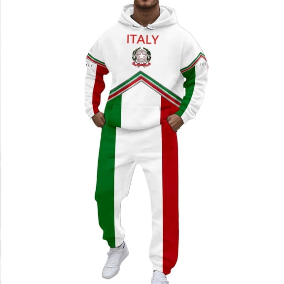 Men's Italian Casual Loose Comfortable Hooded Sweatshirt and Pants Set Green L