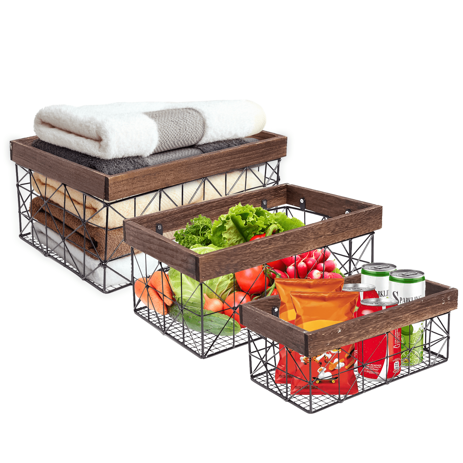 American Art Decor Contemporary Black and Walnut Metal and Wood Storage Basket Set of 3