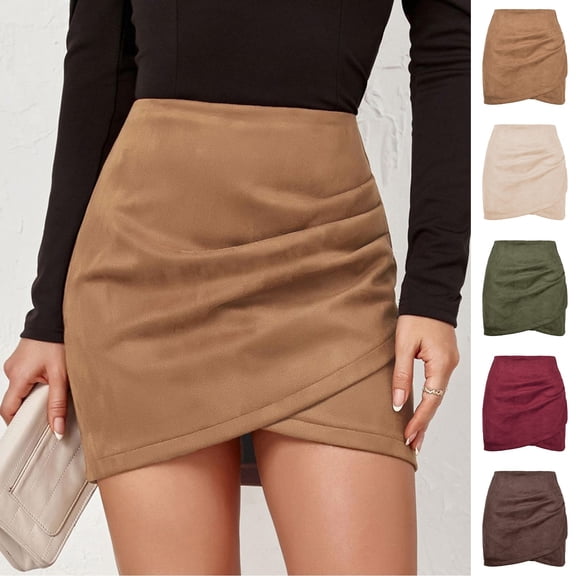 Hpapadks Womens Skirt Suede Solid Fall Winter Pleated Irregular Zipper Short Half Skirt Beige L