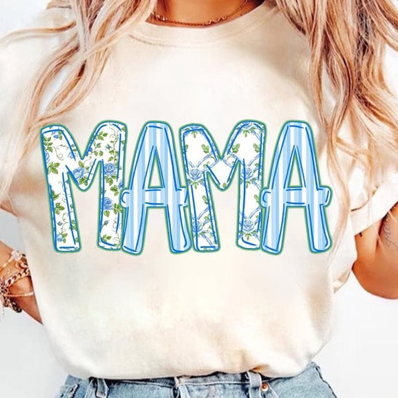 Mama Floral T-Shirt, Blue Striped Retro Mama Shirt, Preppy Hand Lettered Mama Tee, Mother's Day Flower T-Shirt for Women