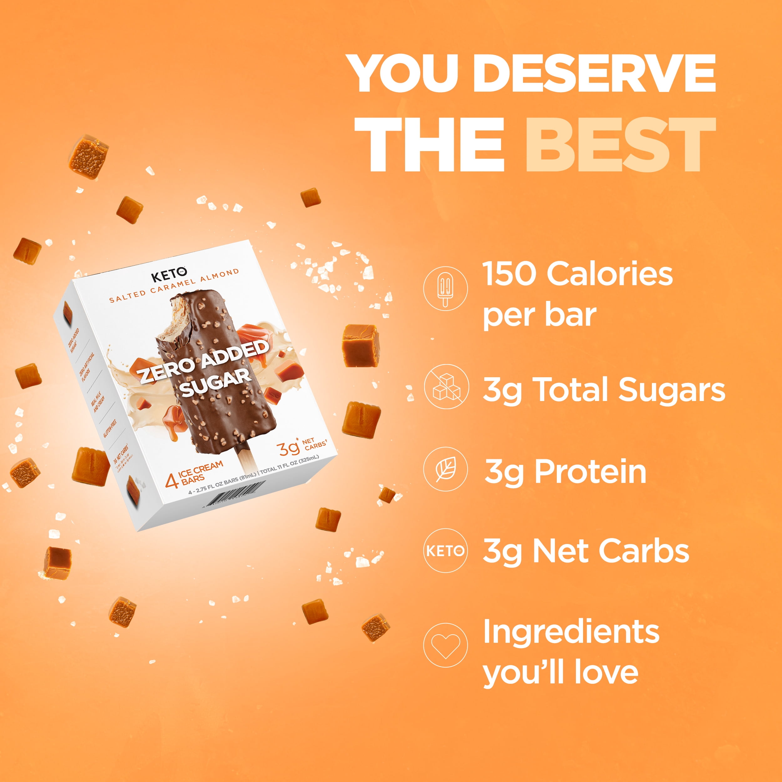 Keto Pint Salted Caramel Almond Ice Cream Bars, No Added Sugar, 2.75 fl oz, 4 Count