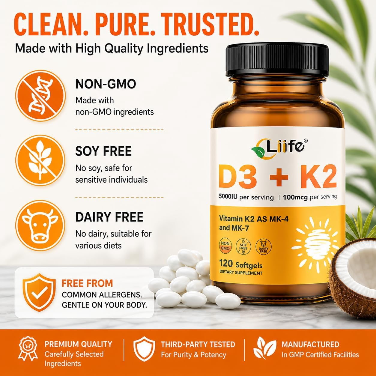 Liife Vitamin D3 K2（MK7+MK4） Supplement 5000IU with Organic Extra Virgin Coconut Oil - Supports Calcium Absorption, Bone & Immune Health- Non-GMO 120 Softgels