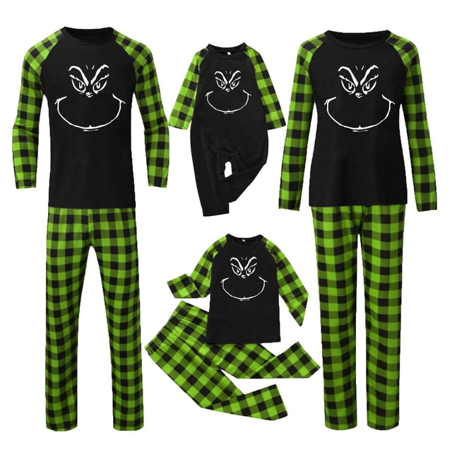 Conjuntos de pijamas navideños familiares a juego Grinch 2024, pijama de Grinch con parte superior y pantalones de pijama a cuadros, pijama de Grinch para niños y adultos para la familia, Mujer XXXL