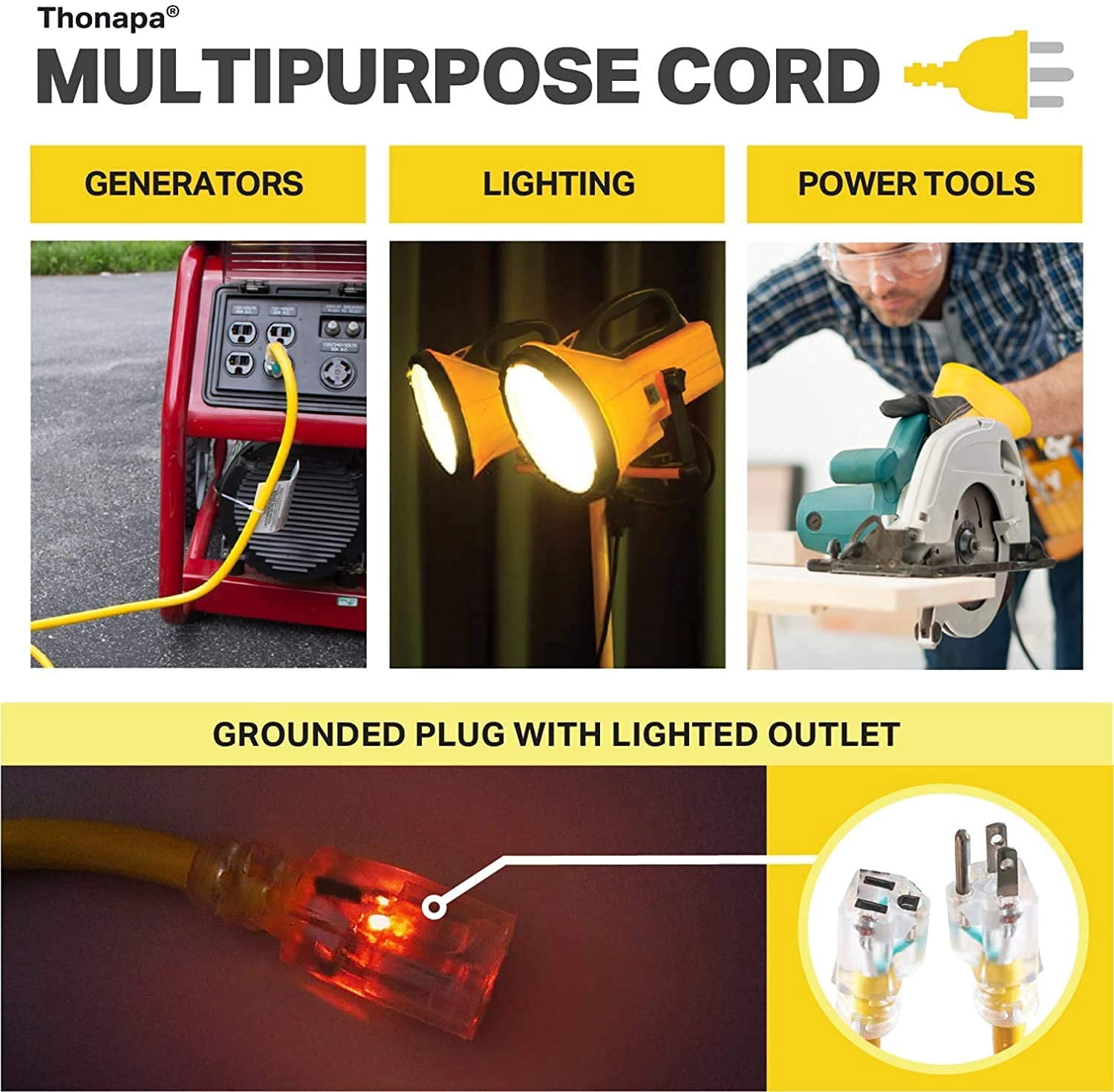 Thonapa 2 Pack Lighted Outdoor Extension Cord 25 ft - 12 Gauge 15 Amp Heavy Duty Power Extension Cords - SJTW - Great for Major Appliances, Power Tools, Garden Supplies - Yellow