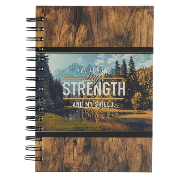 Christian Art Gifts Journal w/Scripture for Men Lord is My Strength Psalm 28:7 Bible Verse Scenic Woods 192 Ruled Pages, Large Hardcover Notebook, Wire Bound