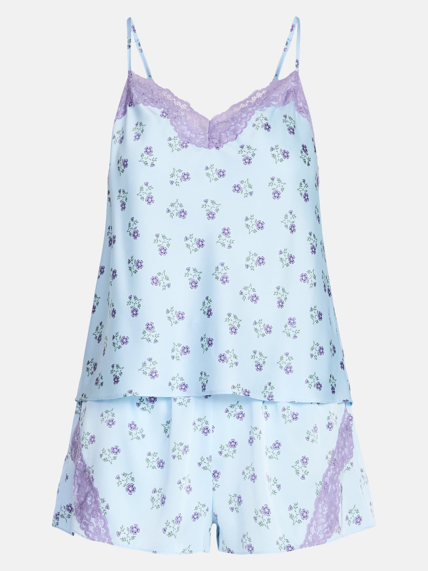 Joyspun Women's Lace Trim Stretch Satin Cami and Shorts Set, 2-Piece, Sizes XS-3X