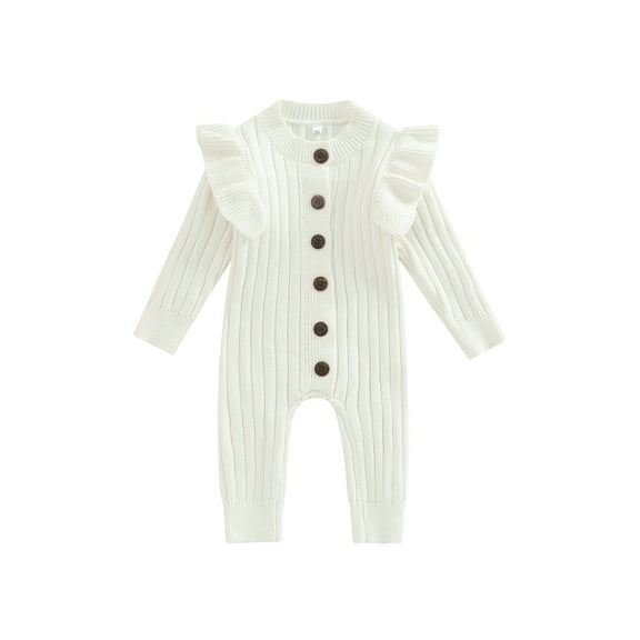 Michellecmm Baby Girl’s Knitted Romper Fashion Solid Color Round Neck Button Ruffles Long Sleeve Jumpsuit