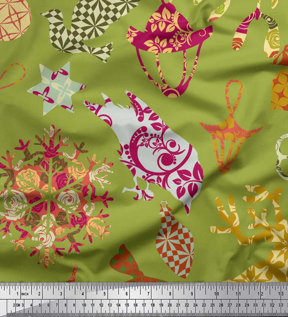 Soimoi Green Heavy Satin Fabric Reindeer,Oranaments & Tree Christmas Print Fabric by the Yard 54 Inch Wide