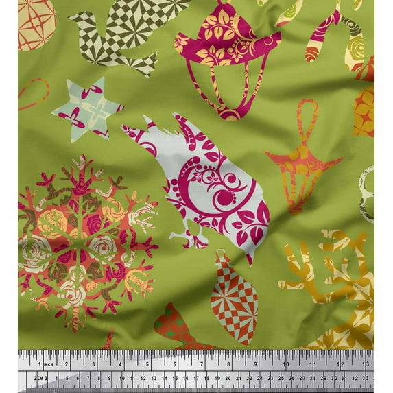 Soimoi Green Silk Fabric Reindeer,Oranaments & Tree Christmas Print Fabric by the Yard 42 Inch Wide
