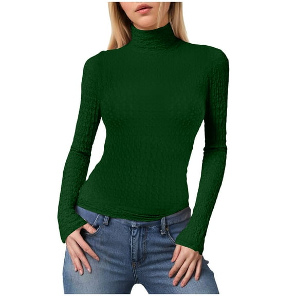 felwors Women's Cream Textured Long Sleeve Turtleneck Top - Fitted Casual Basic Shirt for Daily & Office Wear Dark Green, XL