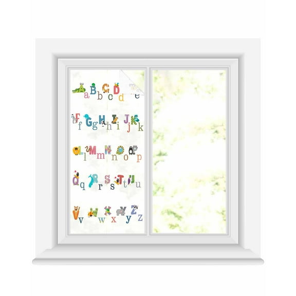 Window Privacy Film Colorful Alphabet Stained Glass Window Film Decorative Sun Block Window Cover Cartoon Animal Color Block Art Window Clings Static Adhesive Sticker for Bathroom 19.6"x39.3"
