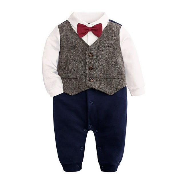 Felwors Ensemble de Vêtements pour Bébé Garçon en Coton avec Nœud Papillon, Gentleman, Automne, Manches Longues, Barboteuse et Combinaison