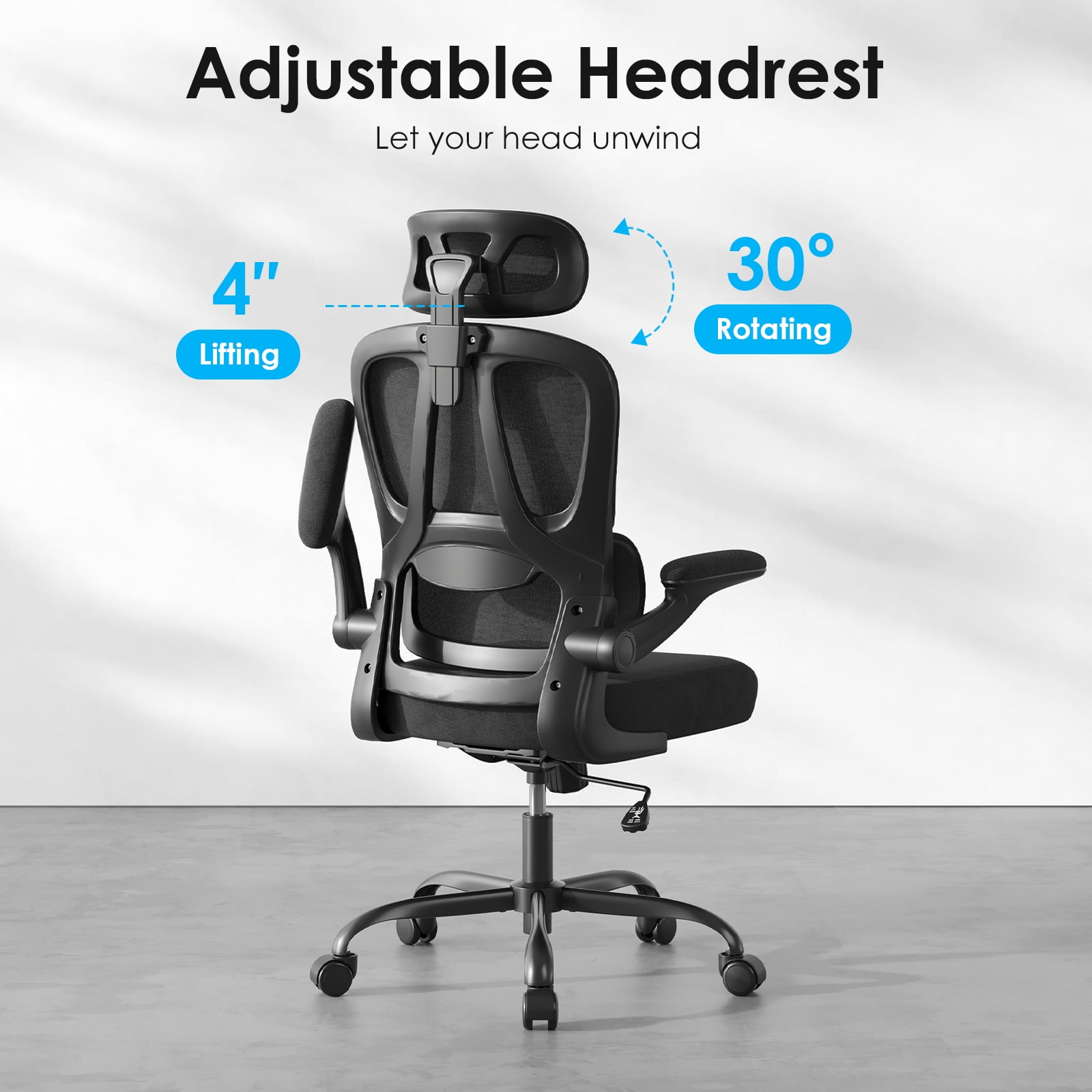 Farini Ergonomic Office Chair, Adjustable High Back Mesh Desk Chair with Lumbar Support, 2D Headrest , Black