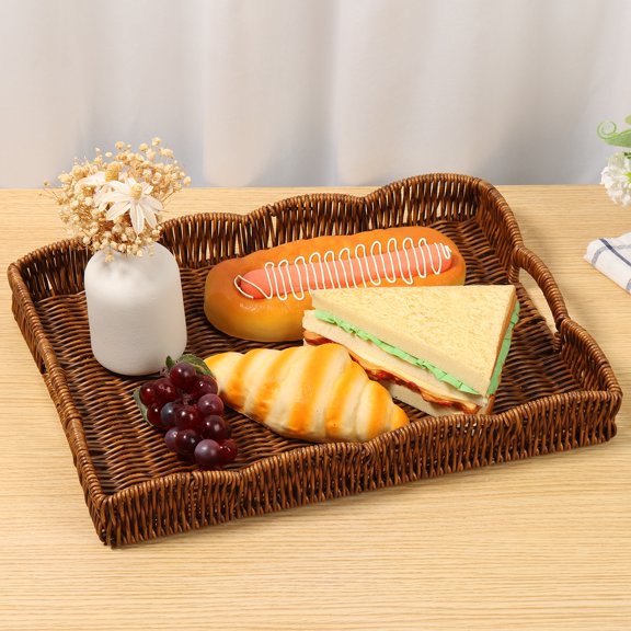 Tcwhniev Imitation Rattan Tray Vintage Rectangular Serving Tray Decorative Tabletop Serving Baskets Multifunction Organizing Platter for Bread Fruit Tabletop Kitchen