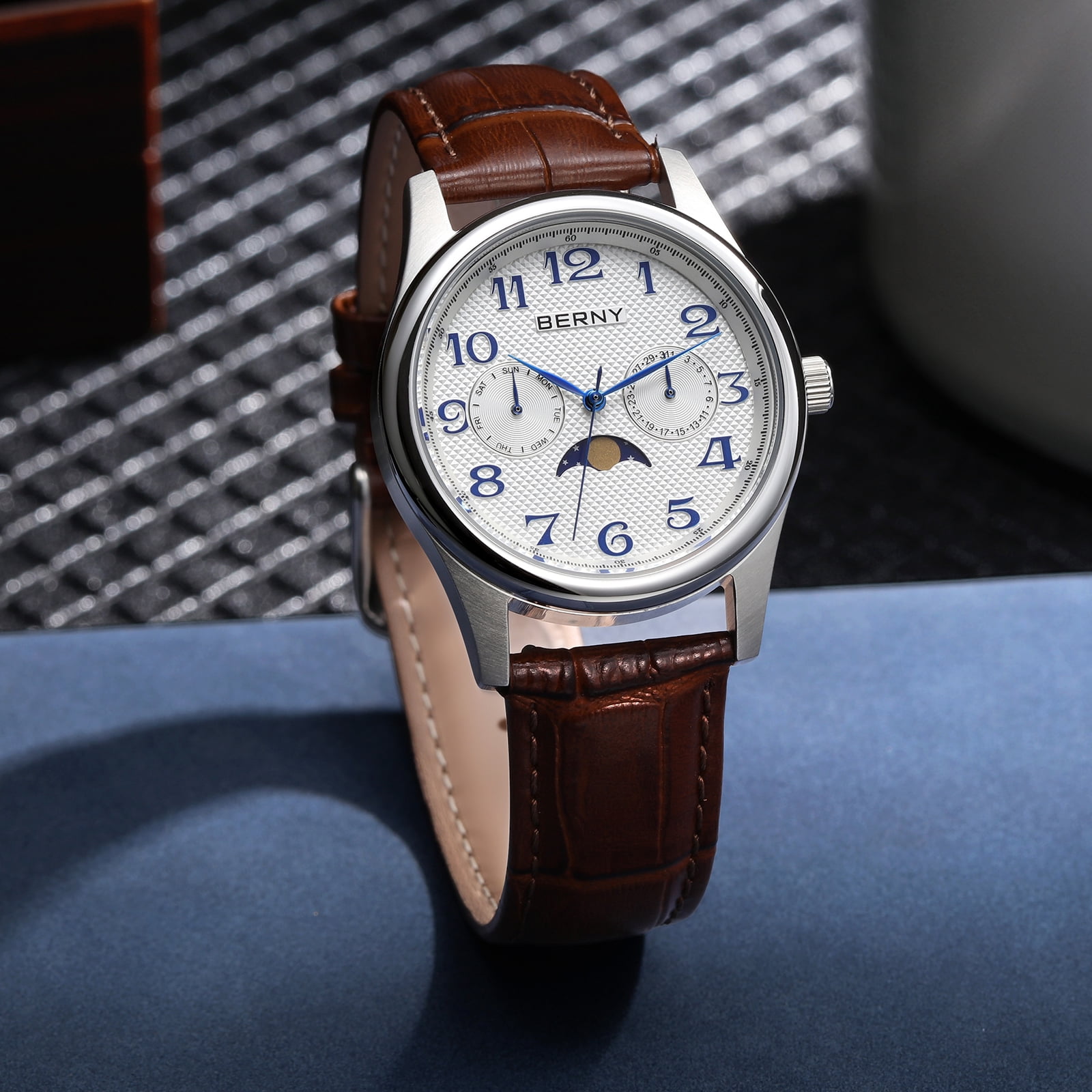BERNY Dress Watches for Men, MultiFunction Leather Watch with Moon Phase, Day & Date Calendar, Stainless Steel Case, Easy to Read, Waterproof, Classic Analog Quartz Wrist Watch (White)